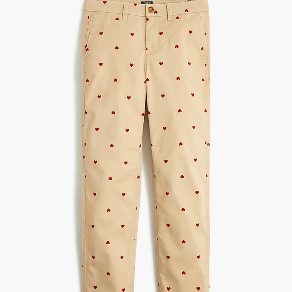 J. Crew High Rise Girlfriend Chinos in Tan with Red Hearts Size 14. NWT